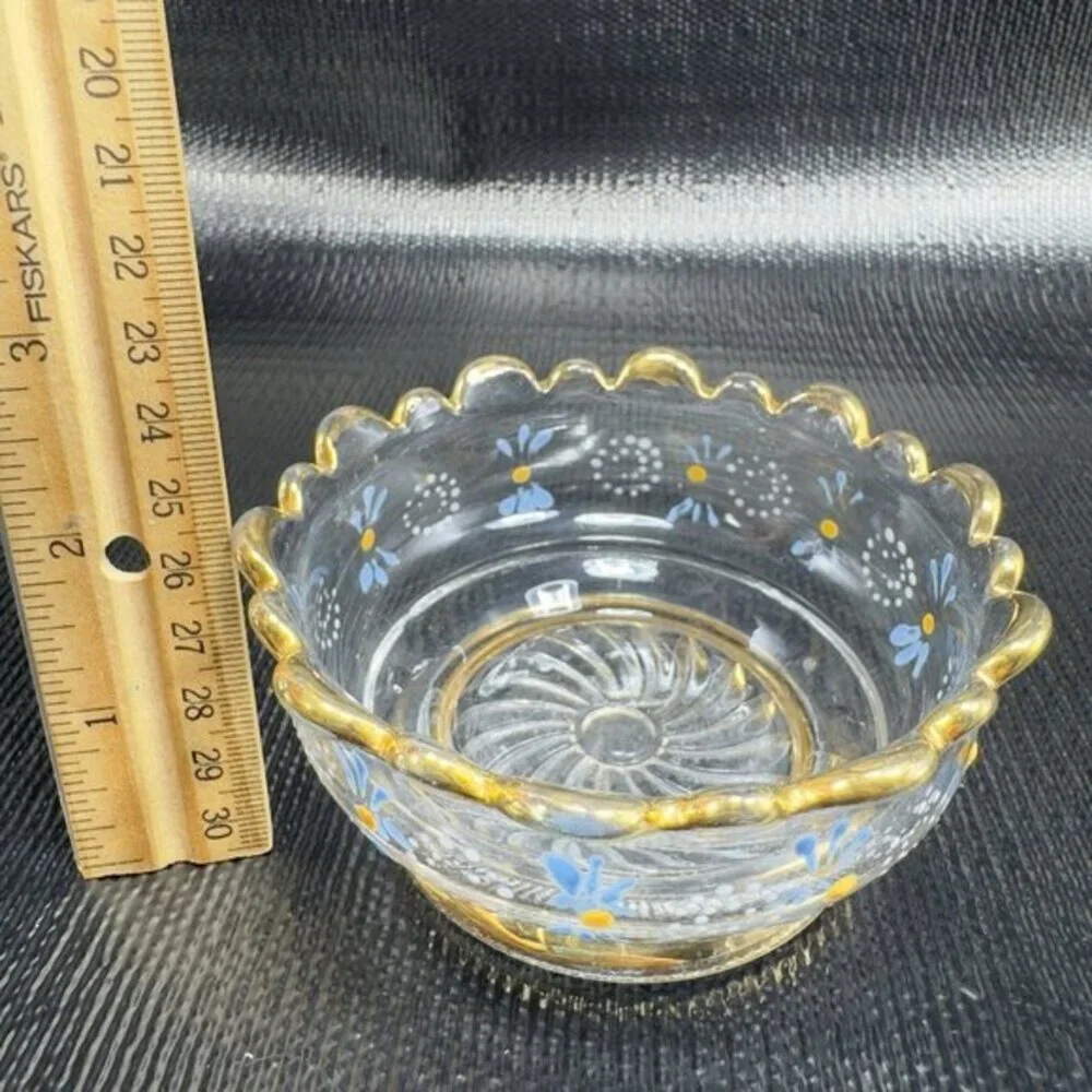 Antique Enameled Paint‎ Glass Bowl Dish Gold Painted Edge Manganese 365nm Set 4